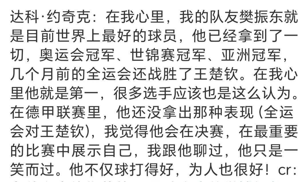 达科盛称樊振东是目前最好的选手，直言他在德甲没有拿出最佳状态